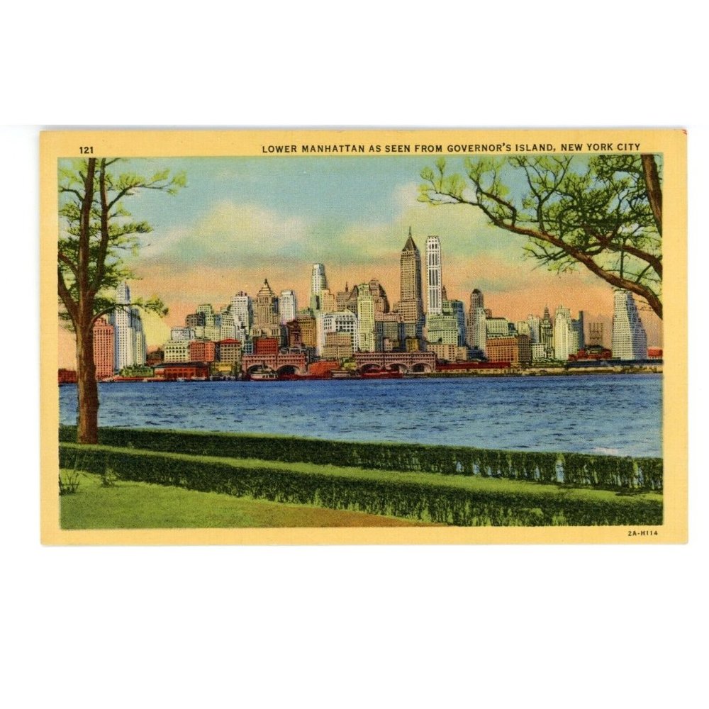 Vintage Postcard Lower Manhattan Governors Island New York City NYC Curteich